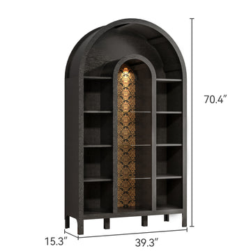 70" RTA Black Tall Storage Cabinet Arched Cabinet with LED Lights - Modern Style