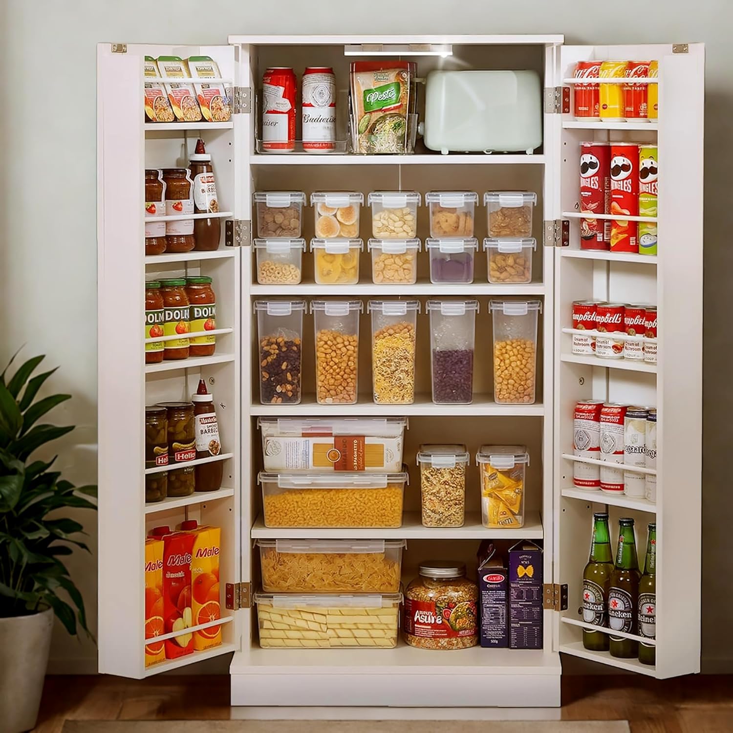50" & 41" White LED Pantry Cabinets - 2-Door Storage with Adjustable Shelves for Small Spaces